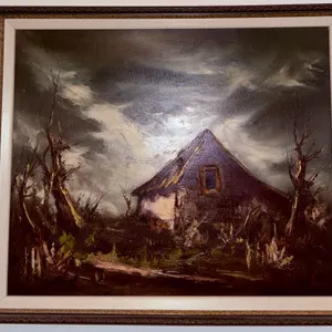 Framed Oil on Canvas Landscape Painting of A Rural Cabin