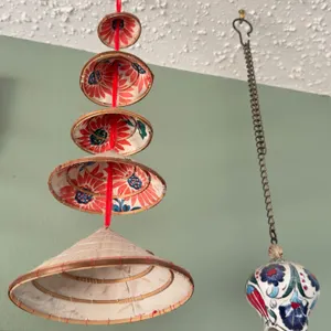 Hanging Decorative Vietnamese Hat Ornament and Floral Ceramic Bell