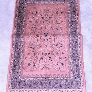 Pink and Blue Handwoven Floral Area Rug with Fringed Edges