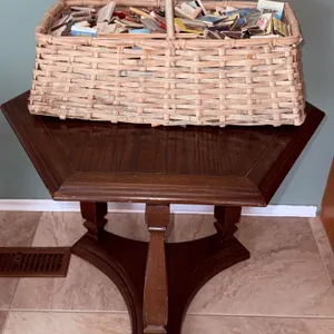 Wooden Hexagonal Side Table with Basket of Matchbooks