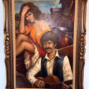 Framed Oil Painting Signed by Carlo Amotti, Depicting a Couple, Made in Italy