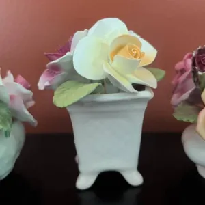 3 English Bone China Floral Figurines by Crown Royal, Thorley, and Royal Albert