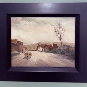 Framed Oil Painting on Canvas Depicting a Village Scene