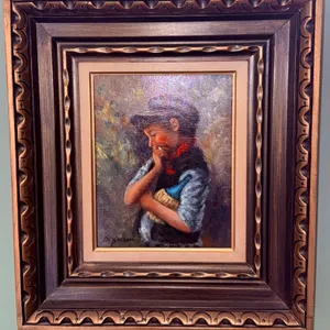 Framed Oil Painting of a Boy with Bread, Signed by Artist in Layered Wood Frame