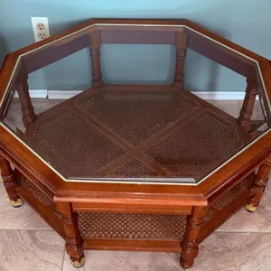 Octagonal Glass-Top Coffee Table With Cane Shelves and Wooden Frame
