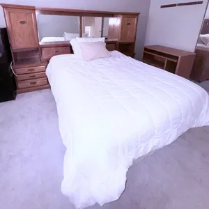Oak Queen Bed Frame with Mirrored Storage Headboard and Side Cabinets