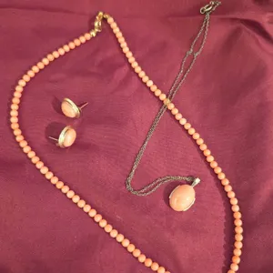 Stamped 14K Yellow Gold Chain,Pendant & Earrings w/ Pink Stone Cabochons