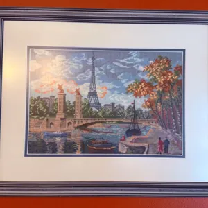 Framed Needlepoint Artwork Depicting a Parisian Scene
