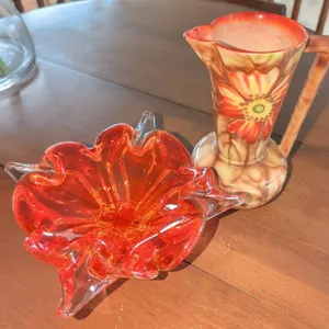 Murano-Style Glass Bowl and Floral Ceramic Pitcher Set