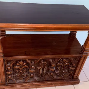 Two-Tier Wooden Cabinet Console Table with Ornate Carved Doors