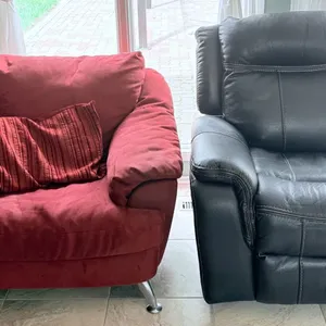 Two-Piece Seating Set: Red Upholstered Lounge Chair and Black Faux Leather Recliner
