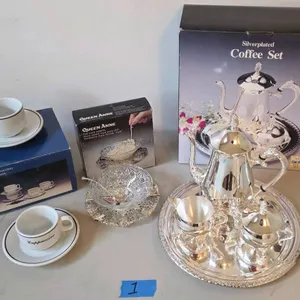 NEW - Silverplated Coffee Queen Anne Silver Plated Party Dish, 4 Cappuccino Cups Saucers