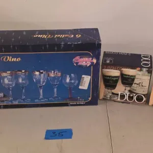 6 Crystal Wine Glasses, Irish Coffee Glasses, Warmer Stand, and Liqueur Basket