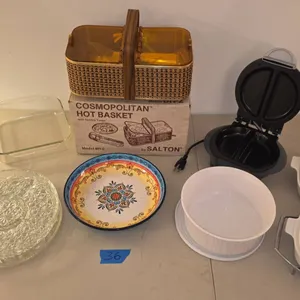New Cosmopolitan Hot Basket, Serving Trays, Bowl, and 4 Corning Ware Casserole Dishes