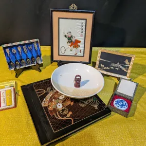 Asian-Inspired Lot with Decorative Dish, Art, and Souvenirs