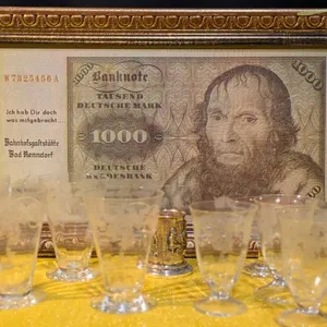 Etched Glassware, Framed Replica Banknote, and Metalwares Set