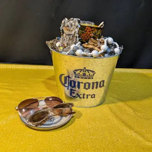 Big Metal Corona Tub with Assorted Bracelets, Watches, Necklaces, Plate, and Sunglasses