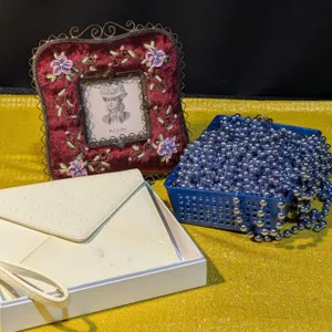 Accessory Set Featuring Felt Frame, Pandora Clutch, and Mardi Gras Beads