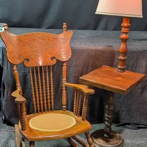 Wooden Rocking Chair with Spindle Back and Wood-Base Floor Lamp with Table