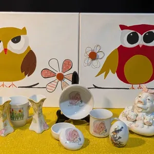 Handmade Owl Canvas Art with Ceramic Baby Collectibles