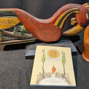 Wooden Hand-Carved Bird Sculpture, Floral-Carved Wooden Vase, and Unused Coloring Book