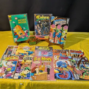Vintage Comic Books and a Wooden Novelty Cuss Box, 1970s