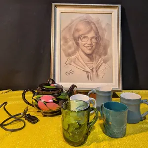 Ceramic Kettle, Glass Mugs, and Signed Portrait