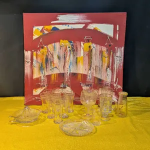 Abstract Signed Painting of Dancers with Assorted Clear Glassware Collection