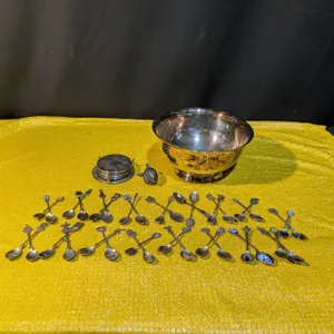 Burkes EP Brass Bowl with Coasters and Assorted Souvenir Spoons