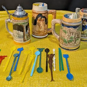West German Mug with Metal Lid, Three Additional Mugs, and Stir Stick Collection