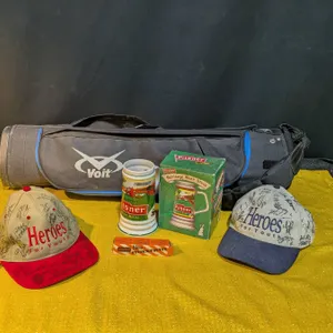 Portable Golf Bag with Heineken Beer Mug, Bottle Opener, and Autographed Baseball Caps