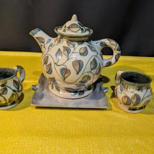 Extra Large Abstract Leaf Pattern Teapot and Mug Set with Silver-Tone Tray