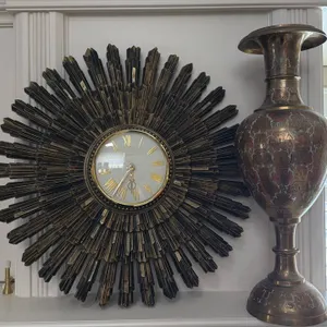 Solid Brass Vase with Engraved Floral Motif and Decorative Starburst Clock