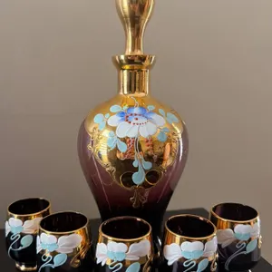 Bohemian Glass Decanter with Stopper and 5 Matching Glasses, Hand-Painted Floral Design