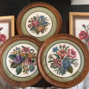 Five Framed Needlepoint Floral Artworks with Round and Rectangular Frames