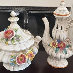 Italian Ceramic Lidded Tureen and Coffee Pot with Floral Embellishments