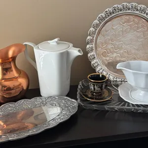Serving Essentials Including CopperCraft Guild Pitcher, E.P. Steel Tray, and Porcelain Pieces