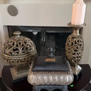 Decorative Set of Candle Holder, Lidded Canisters, and Trinket Box