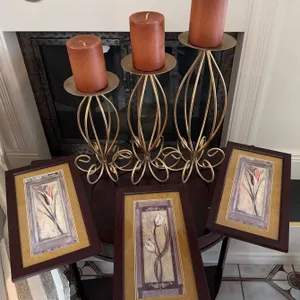 Three Metal Candle Holders and Three Framed Floral Prints