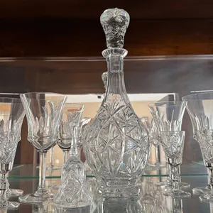 Cut Glass Crystal Decanter Set with Ten Glasses and Bell