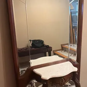 Solid Wood Hall Mirror with White Marble Top and Carved Details