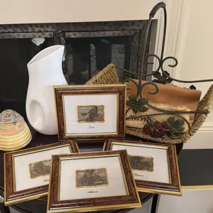 Framed Art, Ceramic Pitcher, Bee Hive Candle, Basket with Linens