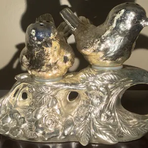 Silver-Tone Bird Motif Salt and Pepper Shaker Set with Floral Base