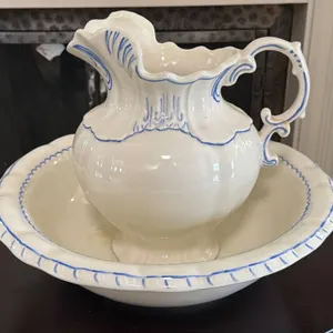 White Ceramic Pitcher and Basin Set with Blue Accents and Scalloped Edges