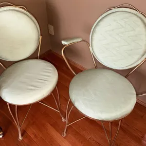 Two Stunning Sage Green Upholstered Brass Chairs with Circular Backrests