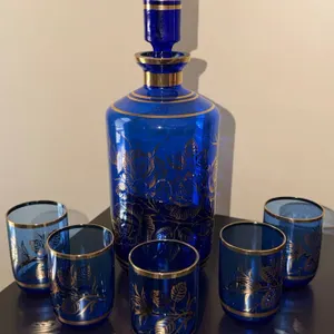 Cobalt Blue Glass Decanter Set with Gold Floral Accents, 6 Pieces