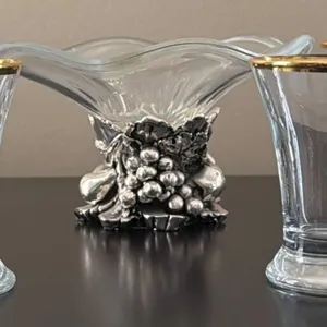 Handcrafted Glass Bowl with 925 Silver Base and Set of 8 Glasses with Gold Trim