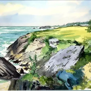 TED  PULFORD "COASTAL LANDSCAPE WITH HOUSE" 1983