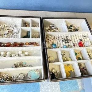 2 brown trays w/ costume jewelry