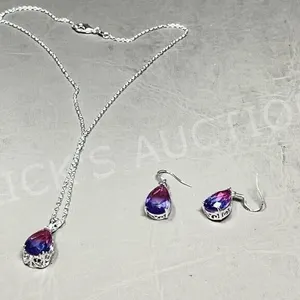 Bi-color tourmaline, silver pendant,chain&earrings